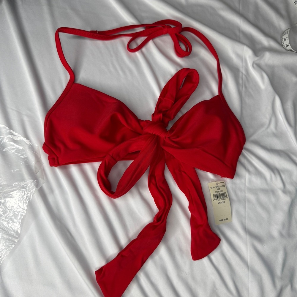 Aerie Red Front Tie Scoop Neck Halter Bikini Top XXS New 075-0753-1382